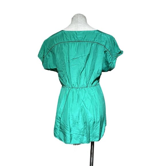 Vanessa Virginia Green Silk Peplum Short Sleeve Blouse Retro 30s Flounce V-Neck - Picture 3 of 8